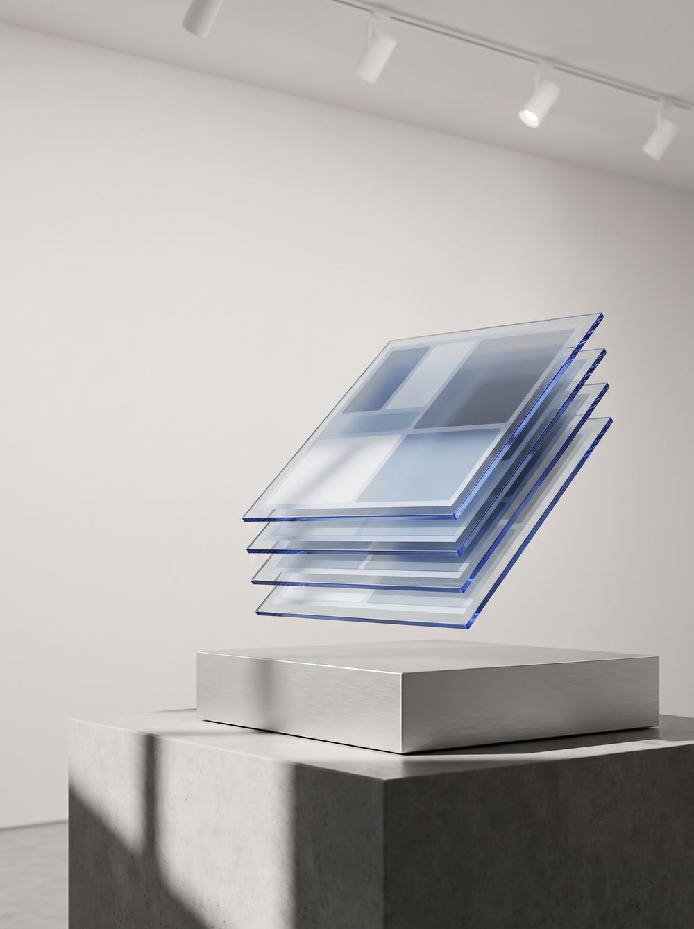 Layered translucent glass panels suggesting interface design