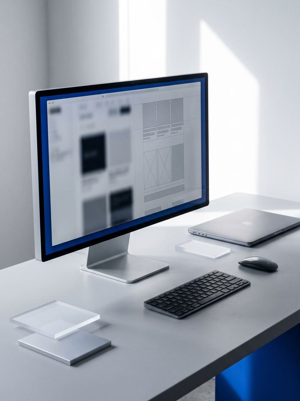 Modern web design workstation with an abstract interface on screen