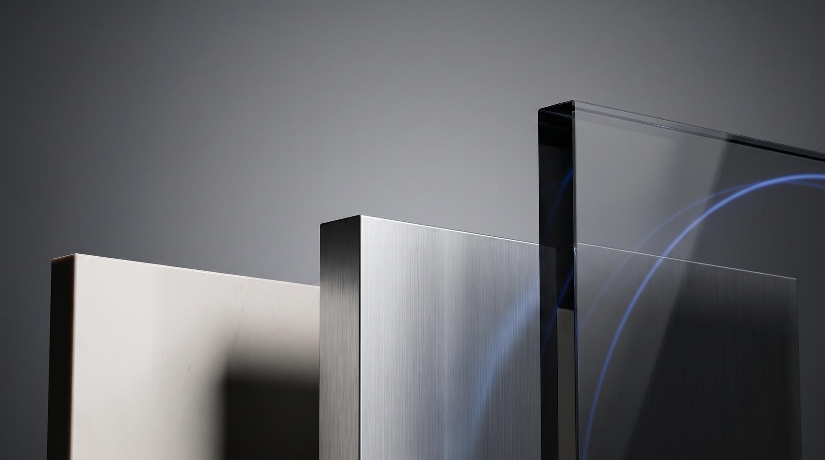 Abstract brushed aluminum, glass and mineral slabs