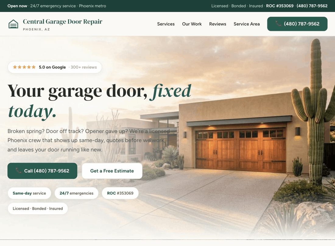 Central Garage Door Repair website homepage